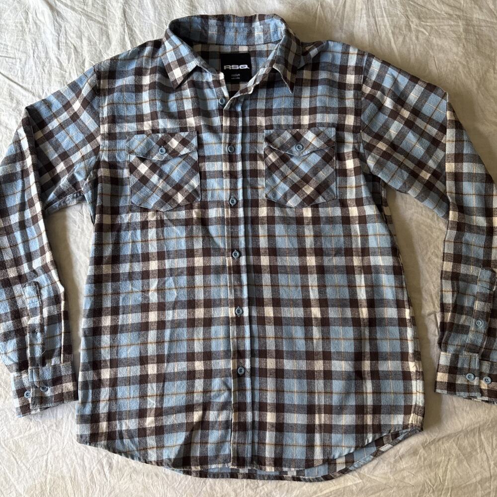 RSQ Men Baby Blue & Brown Plaid Flannel Shirt Size Medium Long Sleeve Button Up